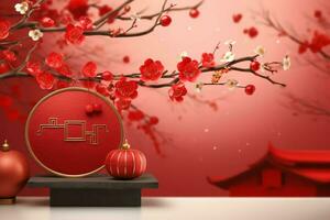 Chinese new year background with traditional lanterns, sakura flowers and copy space. Lunar new year concept by AI Generated photo