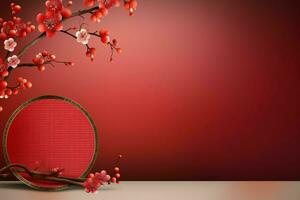 Chinese new year background with traditional lanterns, sakura flowers and copy space. Lunar new year concept by AI Generated photo