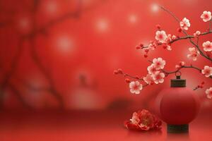 Chinese new year background with traditional lanterns, sakura flowers and copy space. Lunar new year concept by AI Generated photo