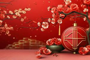 Chinese new year background with traditional lanterns, sakura flowers and copy space. Lunar new year concept by AI Generated photo