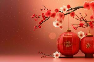 Chinese new year background with traditional lanterns, sakura flowers and copy space. Lunar new year concept by AI Generated photo