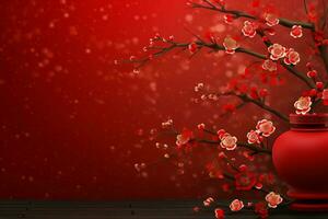 Chinese new year background with traditional lanterns, sakura flowers and copy space. Lunar new year concept by AI Generated photo