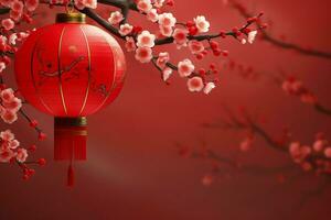 Chinese new year background with traditional lanterns, sakura flowers and copy space. Lunar new year concept by AI Generated photo