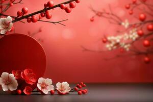 Chinese new year background with traditional lanterns, sakura flowers and copy space. Lunar new year concept by AI Generated photo