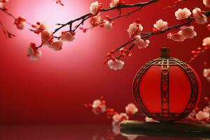 Chinese new year background with traditional lanterns, sakura flowers and copy space. Lunar new year concept by AI Generated photo