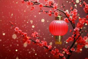 Chinese new year background with traditional lanterns, sakura flowers and copy space. Lunar new year concept by AI Generated photo