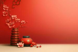 Chinese new year background with traditional lanterns, sakura flowers and copy space. Lunar new year concept by AI Generated photo