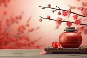 Chinese new year background with traditional lanterns, sakura flowers and copy space. Lunar new year concept by AI Generated photo