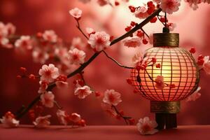 Chinese new year background with traditional lanterns, sakura flowers and copy space. Lunar new year concept by AI Generated photo