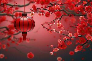 Chinese new year background with traditional lanterns, sakura flowers and copy space. Lunar new year concept by AI Generated photo