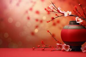 Chinese new year background with traditional lanterns, sakura flowers and copy space. Lunar new year concept by AI Generated photo