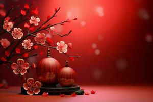 Chinese new year background with traditional lanterns, sakura flowers and copy space. Lunar new year concept by AI Generated photo