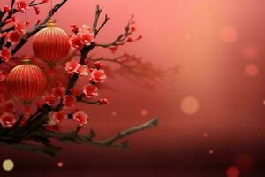 Chinese new year background with traditional lanterns, sakura flowers and copy space. Lunar new year concept by AI Generated photo