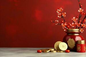 Chinese new year background with traditional lanterns, sakura flowers and copy space. Lunar new year concept by AI Generated photo