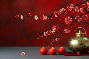 Chinese new year background with traditional lanterns, sakura flowers and copy space. Lunar new year concept by AI Generated photo