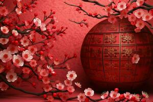 Chinese new year background with traditional lanterns, sakura flowers and copy space. Lunar new year concept by AI Generated photo