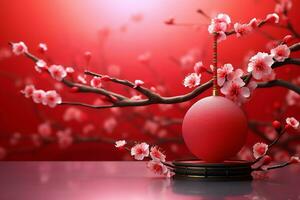 Chinese new year background with traditional lanterns, sakura flowers and copy space. Lunar new year concept by AI Generated photo