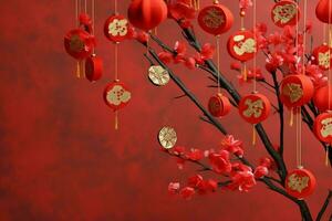 Chinese new year background with traditional lanterns, sakura flowers and copy space. Lunar new year concept by AI Generated photo