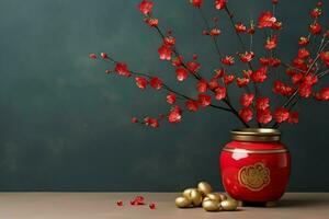 Chinese new year background with traditional lanterns, sakura flowers and copy space. Lunar new year concept by AI Generated photo