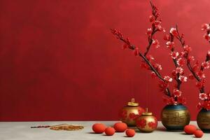 Chinese new year background with traditional lanterns, sakura flowers and copy space. Lunar new year concept by AI Generated photo