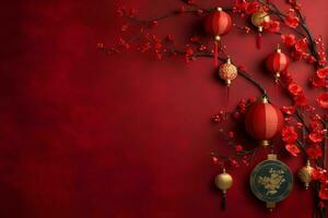 Chinese new year background with traditional lanterns, sakura flowers and copy space. Lunar new year concept by AI Generated photo