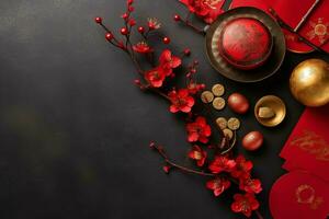 Chinese new year background with traditional lanterns, sakura flowers and copy space. Lunar new year concept by AI Generated photo
