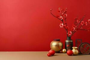 Chinese new year background with traditional lanterns, sakura flowers and copy space. Lunar new year concept by AI Generated photo