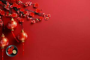 Chinese new year background with traditional lanterns, sakura flowers and copy space. Lunar new year concept by AI Generated photo