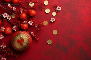 Chinese new year background with traditional lanterns, sakura flowers and copy space. Lunar new year concept by AI Generated photo