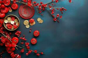 Chinese new year background with traditional lanterns, sakura flowers and copy space. Lunar new year concept by AI Generated photo