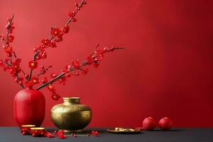 Chinese new year background with traditional lanterns, sakura flowers and copy space. Lunar new year concept by AI Generated photo