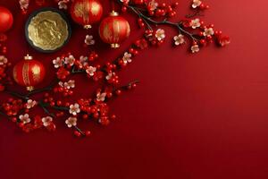 Chinese new year background with traditional lanterns, sakura flowers and copy space. Lunar new year concept by AI Generated photo