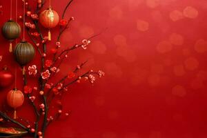 Chinese new year background with traditional lanterns, sakura flowers and copy space. Lunar new year concept by AI Generated photo