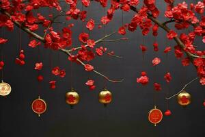 Chinese new year background with traditional lanterns, sakura flowers and copy space. Lunar new year concept by AI Generated photo