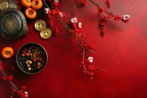 Chinese new year background with traditional lanterns, sakura flowers and copy space. Lunar new year concept by AI Generated photo