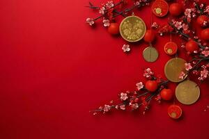 Chinese new year background with traditional lanterns, sakura flowers and copy space. Lunar new year concept by AI Generated photo