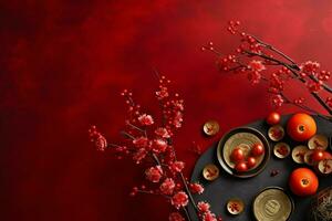 Chinese new year background with traditional lanterns, sakura flowers and copy space. Lunar new year concept by AI Generated photo