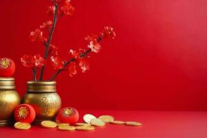 Chinese new year background with traditional lanterns, sakura flowers and copy space. Lunar new year concept by AI Generated photo