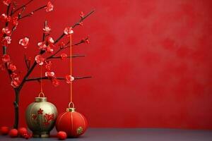 Chinese new year background with traditional lanterns, sakura flowers and copy space. Lunar new year concept by AI Generated photo
