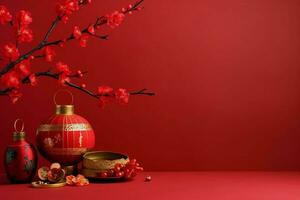 Chinese new year background with traditional lanterns, sakura flowers and copy space. Lunar new year concept by AI Generated photo