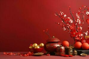 Chinese new year background with traditional lanterns, sakura flowers and copy space. Lunar new year concept by AI Generated photo