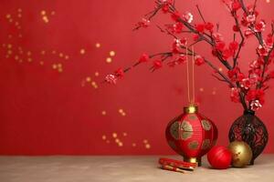 Chinese new year background with traditional lanterns, sakura flowers and copy space. Lunar new year concept by AI Generated photo