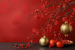 Chinese new year background with traditional lanterns, sakura flowers and copy space. Lunar new year concept by AI Generated photo