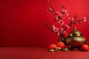 Chinese new year background with traditional lanterns, sakura flowers and copy space. Lunar new year concept by AI Generated photo