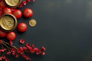 Chinese new year background with traditional lanterns, sakura flowers and copy space. Lunar new year concept by AI Generated photo