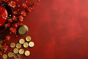 Chinese new year background with traditional lanterns, sakura flowers and copy space. Lunar new year concept by AI Generated photo