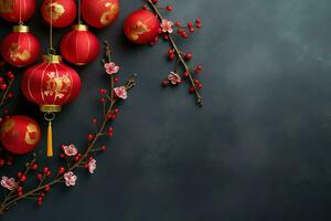 Chinese new year background with traditional lanterns, sakura flowers and copy space. Lunar new year concept by AI Generated photo