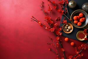 Chinese new year background with traditional lanterns, sakura flowers and copy space. Lunar new year concept by AI Generated photo