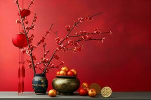 Chinese new year background with traditional lanterns, sakura flowers and copy space. Lunar new year concept by AI Generated photo
