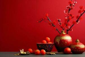 Chinese new year background with traditional lanterns, sakura flowers and copy space. Lunar new year concept by AI Generated photo